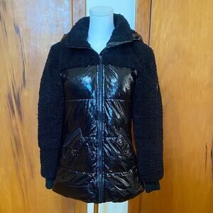 Black Shiny Puffer Jacket Teddy Bear Fur Sleeves Detachable Hood Streetwear